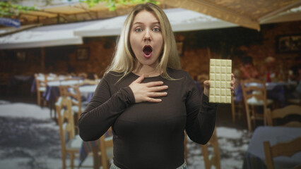 Fototapeta premium Blonde woman holding white chocolate bar, mouth open with hand to chest in a street dining area with wooden tables and umbrellas; surprise indulgence.