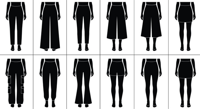 Women Pants And Shorts Styles Vector Silhouette Icons Set Including Wide Leg Cargo And Leggings