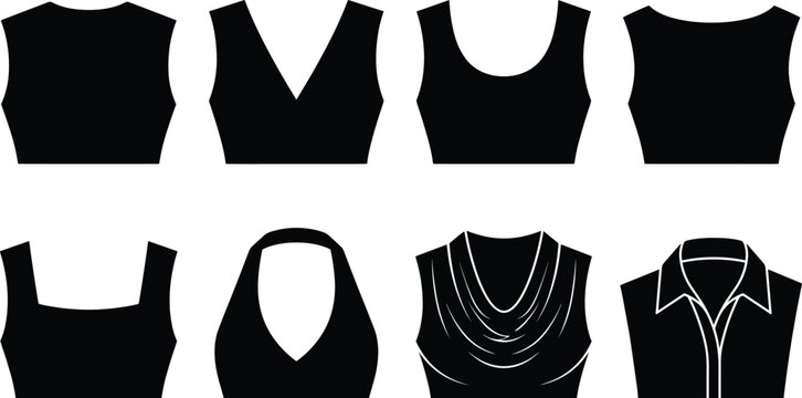 Women Neckline Styles And Collar Types Vector Silhouette Icons Set Including V Neck Halter And Cowl
