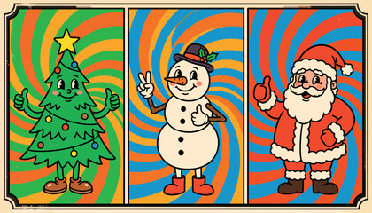 Retro Christmas vector illustration set featuring groovy cartoon characters including a friendly Christmas tree snowman and Santa Claus with psychedelic background