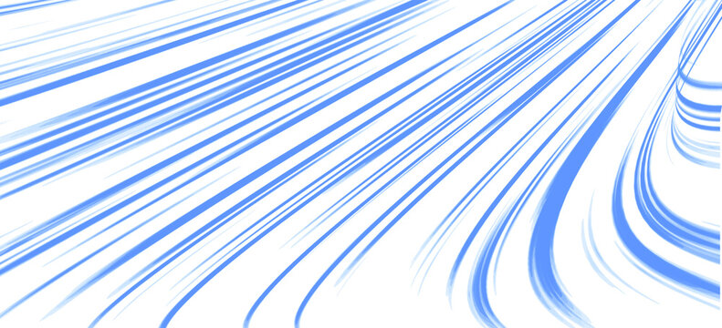 Bright blue lines sweep across a white canvas, curving dynamically from an unseen vanishing point