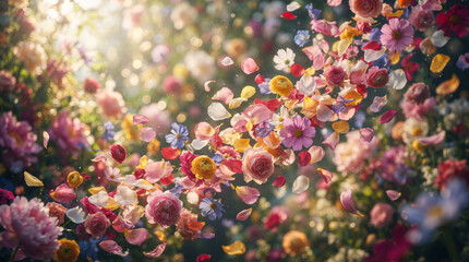 Fototapeta premium A beautiful collection of colorful flower petals floating through a blooming spring garden illuminated by warm golden sunlight.