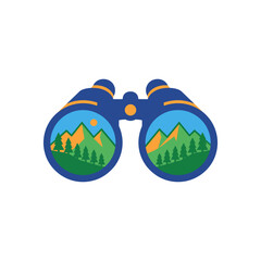 Fototapeta premium Binoculars reflecting a mountain scenery for travel and adventure