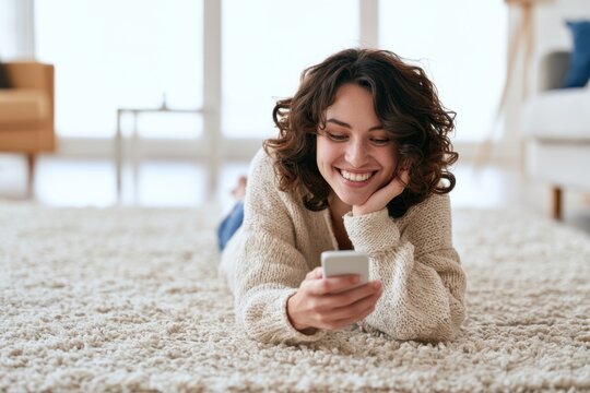 Young Woman Using Smartphone While Lying on Carpet