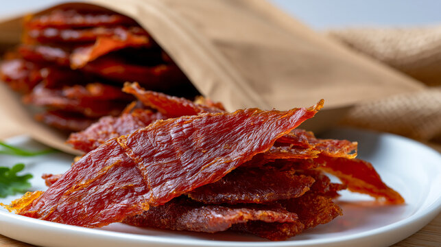 Naturally dried turkey jerky packaged in a recyclable brown kraft paper pouch on a white background, tender dried meat slices neatly arranged next to the eco friendly retail bag, premium protein sna