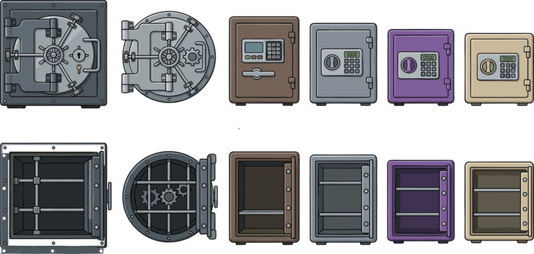 Set of bank vault doors and secure metal safe boxes isolated on white background vector illustration