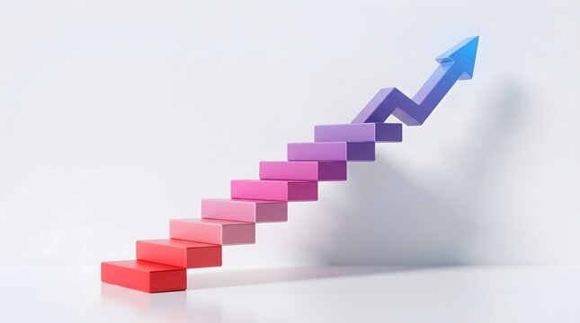 Ascending colorful steps leading to an upward arrow symbolize growth, progress, achievement, and expanding opportunities
