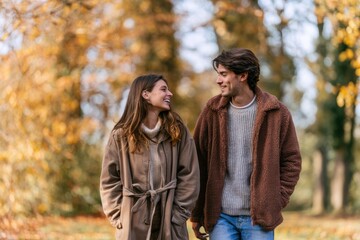 Fototapeta premium Couple Walking Hand in Hand on Colorful Fall Path