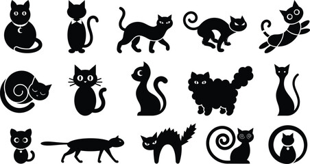 Obraz premium Set of various black cat silhouettes in different poses for halloween design elements and creative graphic projects