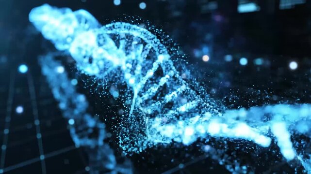 DNA-helix-inspired particle flow twisting gently neon blue highlights animation