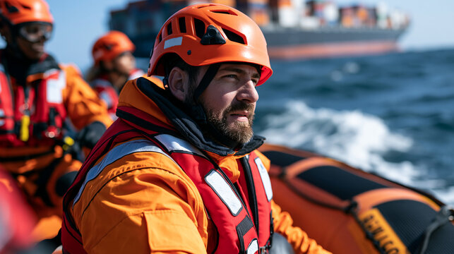 Search and rescue personnel approaching a container vessel in an inflatable rescue boat during a coordinated training exercise, calm sea conditions, bright natural lighting, professional teamwork, u
