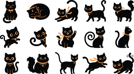 Set of cute black cat stickers with various poses and expressions for decoration or scrapbooking projects on white background