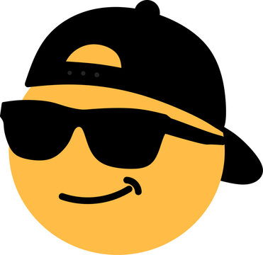 Cool yellow emoji wearing black sunglasses and a backwards cap with a subtle smirk