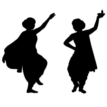 Black silhouette vector of two traditional Indian dancers performing classical dance postures isolated on a white background