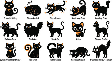 Obraz premium Set of cute hand drawn black cat illustrations in various poses and expressions isolated on a white background