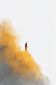 Minimalist watercolor illustration of a spiritual figure ascending through soft, glowing clouds in a serene, ethereal setting.