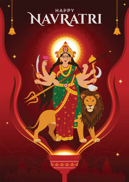 Happy navratri poster design with goddess durga emerging from sacred flame shakti energy illustration