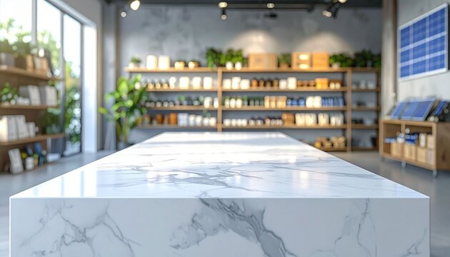 An empty white marble counter, with a blurred backdrop of shelves in a small shop selling solar panels and related equipment.