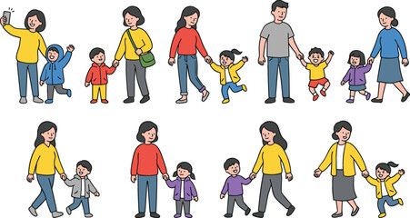 Fototapeta premium Vector flat illustration set of happy parents walking outdoors with their children isolated on a white background