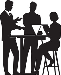 Fototapeta premium Business team silhouette, three people working together at a standing desk, white background