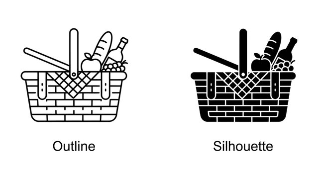 Picnic Basket Icon Set: A collection of illustrated picnic baskets, showcasing both outline and silhouette styles, filled with classic picnic essentials like bread, fruit, and a bottle.