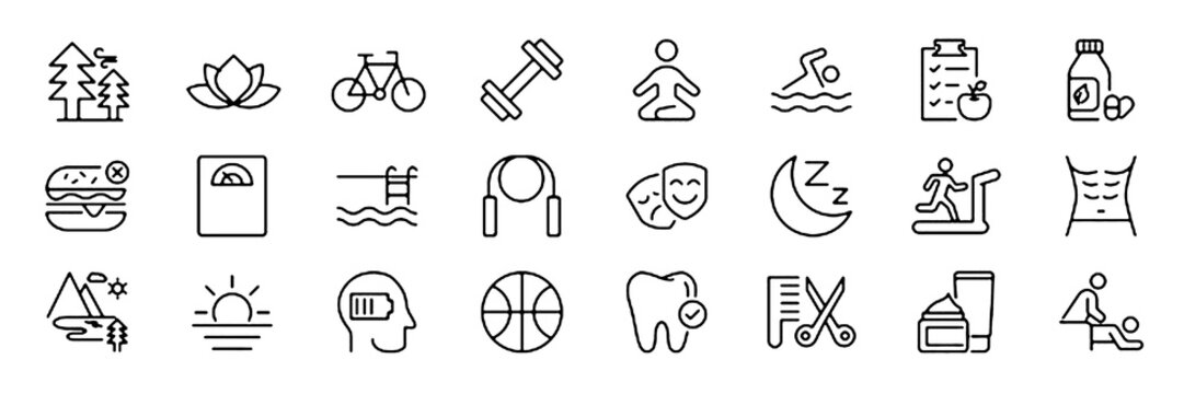 Healthy Lifestyle Line Editable Icons set. Vector illustration of modern thin line style icons of the components of a healthy lifestyle. healthy food, good mood, self care and mental health icons.