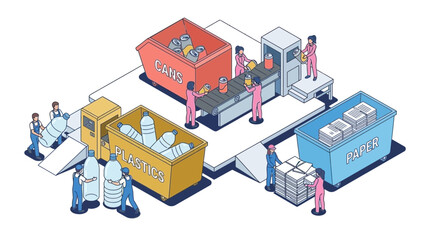 Fototapeta premium Workers sort plastic cans and paper at an isometric waste recycling eco plant site location