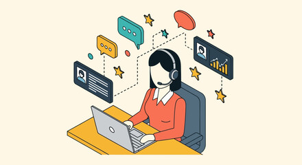 Fototapeta premium Customer service female representative working on laptop providing support in help center office professional assistant operator woman