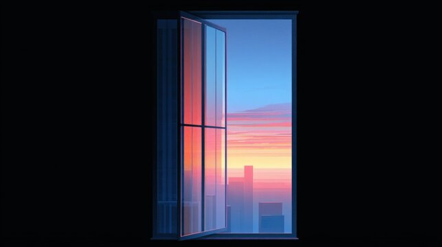 An open window with a view of a city skyline at sunset, featuring a blue and orange sky with clouds.