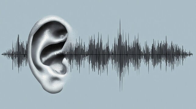 Stylized ear and sound waveform symbolize hearing screening, cochlear implant evaluation, and auditory diagnosis.