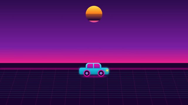 Retro synthwave car driving on a digital grid under a neon sunset