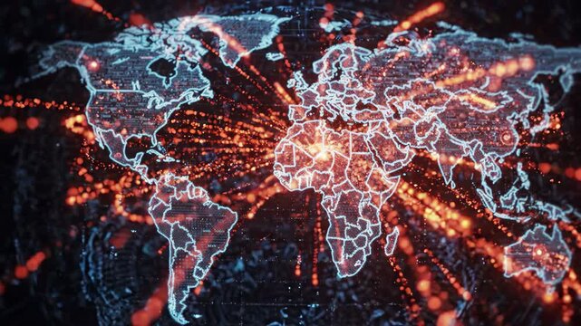 Global Pandemic Spread: A digital depiction of a world map illustrates the rapid and widespread dissemination of a pandemic.