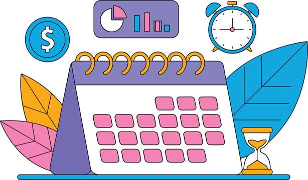 Flat vector illustration concept of business planning schedule containing desk calendar alarm clock charts and coin icons