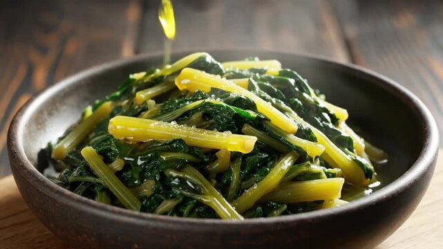 Cooked green vegetables in rustic bowl