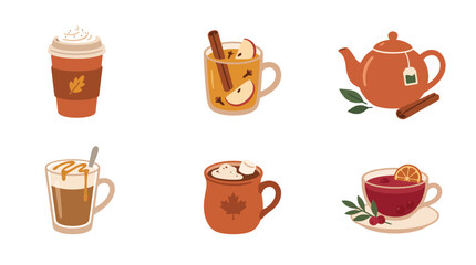 Fototapeta premium Flat vector icons of autumn drinks including spiced cider, maple cocoa, and citrus berry tea.