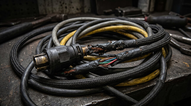 Damaged electrical power cable with exposed wires and burnt insulation creating a dangerous fire hazard