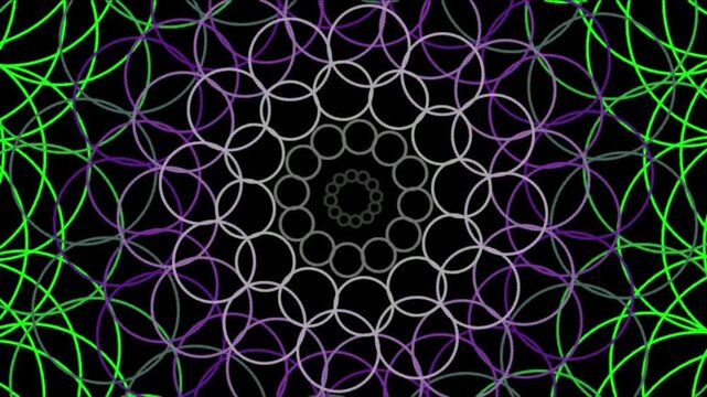 Abstract Sacred Geometry Mandala Circles Motion, Glowing Green and Purple and white Overlapping Rings Tunnel Seamless Loop Motion Graphics