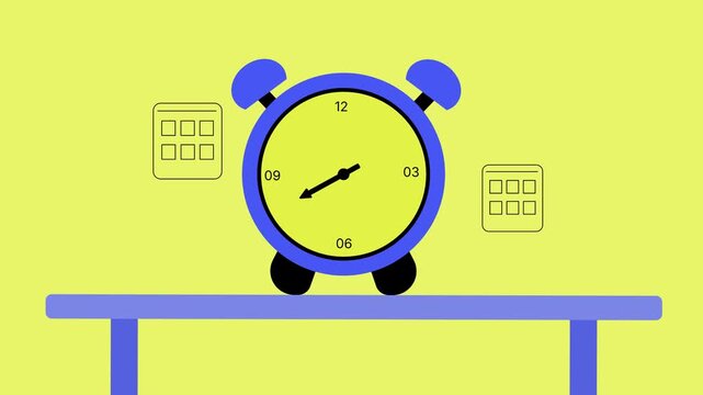 Alarm clock falling onto table with calendar icons for time management and scheduling concept