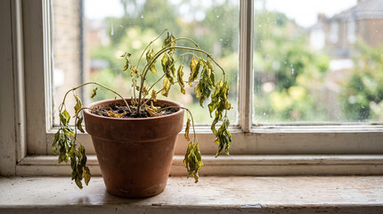 Obraz premium Neglected houseplant in a terracotta pot with dry soil and wilted yellowing leaves sitting on an old windowsill
