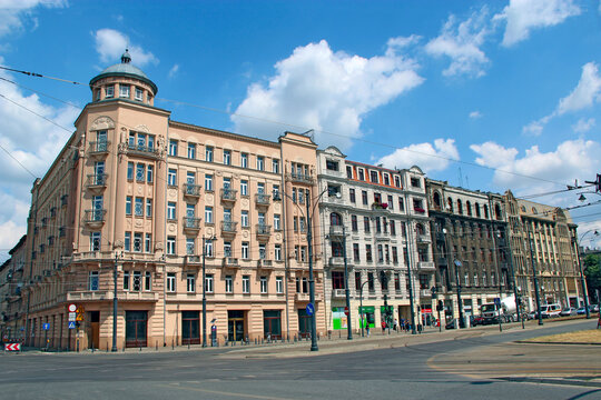 Historic Hotel Polonia Palast building and beautiful street in Lodz Poland.