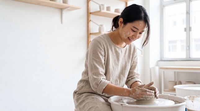 A happy young Asian woman with clay on her hands and face smiles while skillfully shaping pottery on a spinning wheel in a bright, minimalist studio bathed in natural daylight.