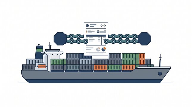 Minimalist 2D flat vector illustration of a cargo container ship with a digital smart contract document and blockchain links above it