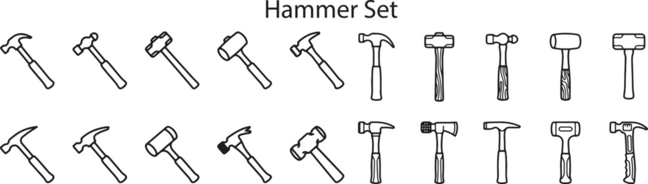 Set of different hammer and mallet outline icons