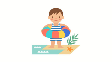 Fototapeta premium Happy boy in striped swimsuit with colorful swim ring on beach