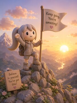 Cute 3D Clay Girl Reaching the Mountain Summit Holding a Motivational Flag at Sunrise