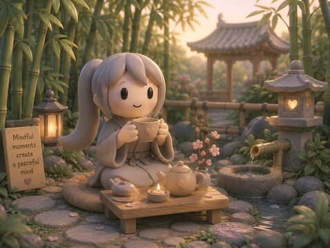 Cute 3D Clay Girl Enjoying a Peaceful Tea Ceremony in a Zen Garden Symbolizing Mindfulness