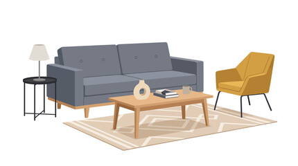Fototapeta premium Minimalist living room furniture set with gray sofa and yellow chair