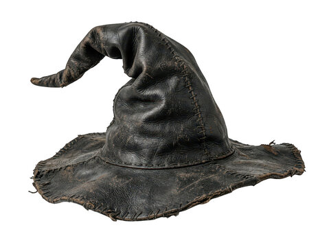 Witch hat made of old leather isolated on transparent background. Halloween concept for costume design.