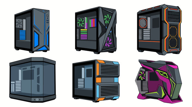 Collection of modern gaming pc computer cases with rgb lighting