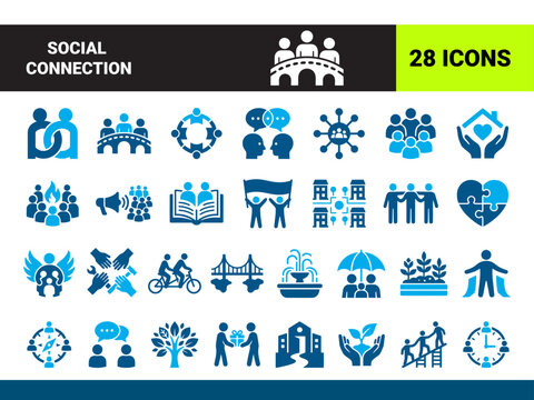 Social Connection icon set Community Bridge, Teamwork, Social Network, Public Speaking, Global Networking, Shared Knowledge, Partnership You can easily change color.